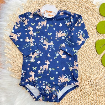 Conj. Body Manga Longa e Calça em Malha Térmica Rena com Flores - Azul Marinho